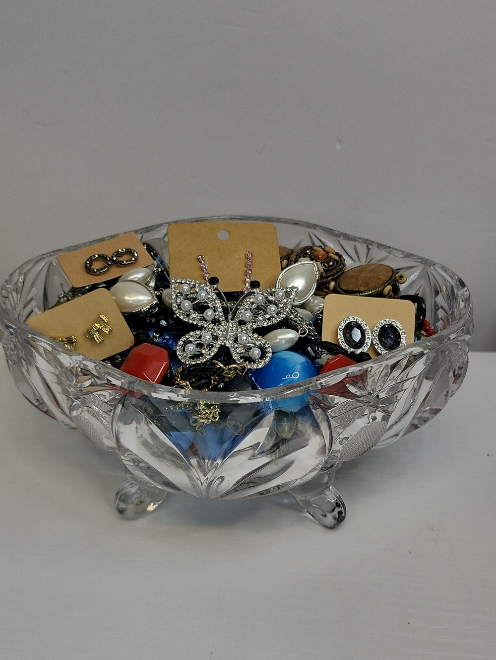 Crystal Glass Trinket Dish with Assorted  Jewelry